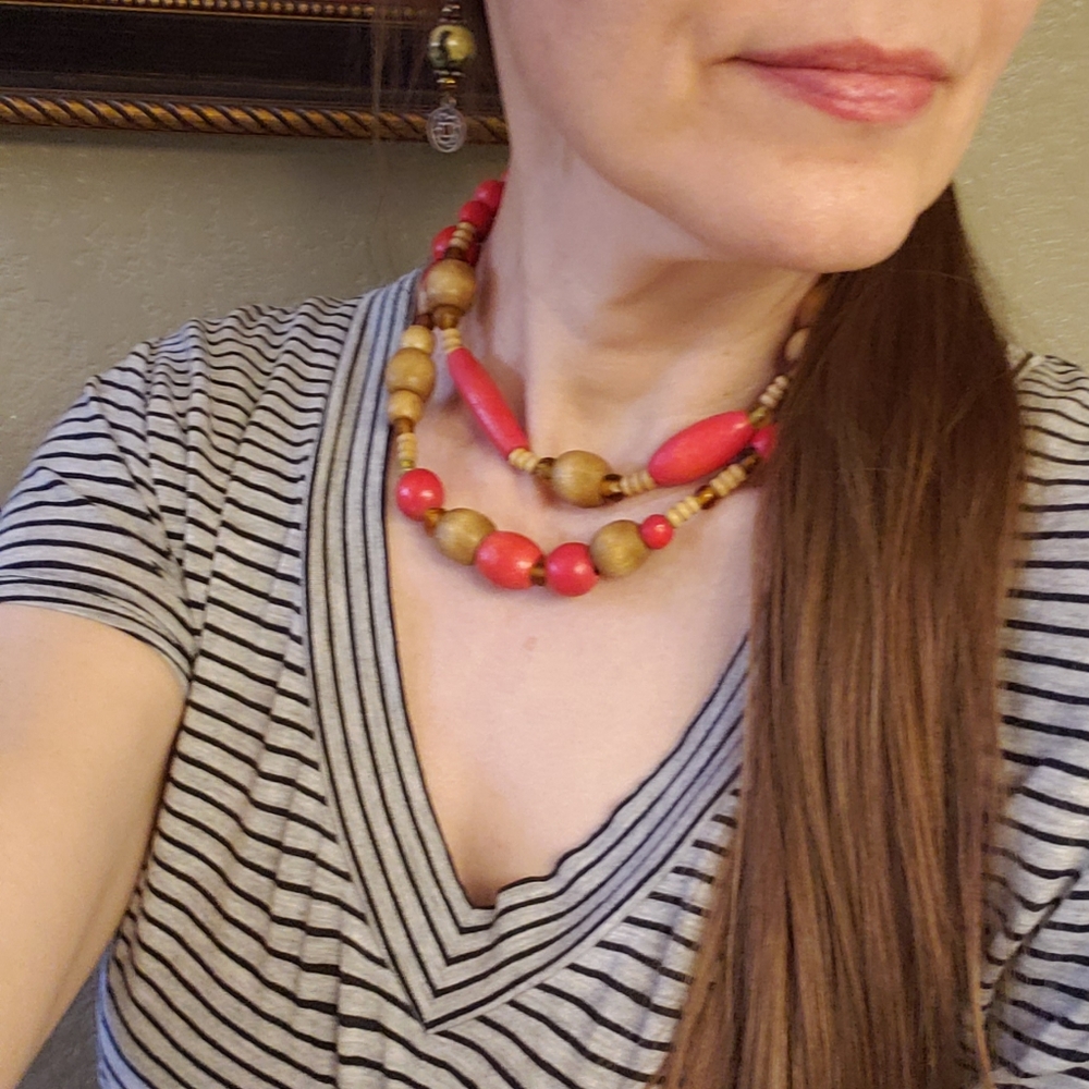 Boho Red and Brown Wooden Necklace - Picture 6 of 6